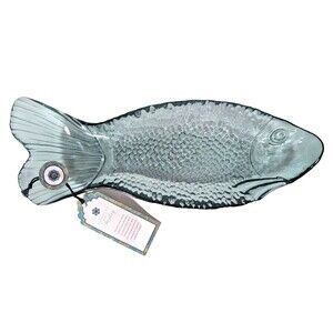 Turkish Fish Serving Appetizer Plate Clear Blue Glass Embossed Tray Kitchen Gift